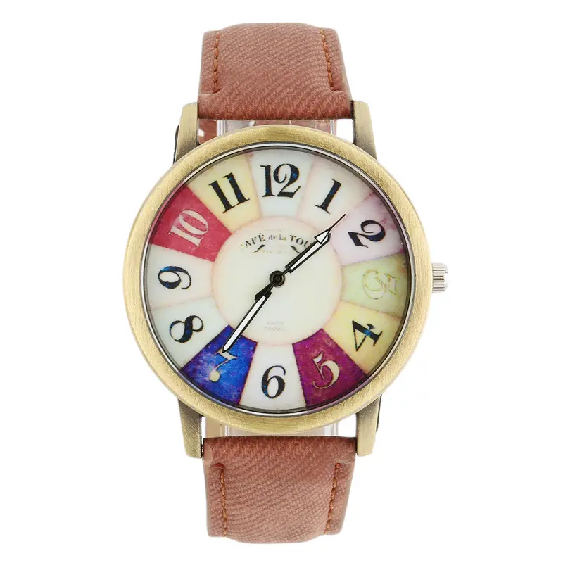 Colorful Dial Golden Round Shell Date Quartz Wrist Watch Analog Chic With Blackwhiteredbrownyellowpinkgreenblue Color 4