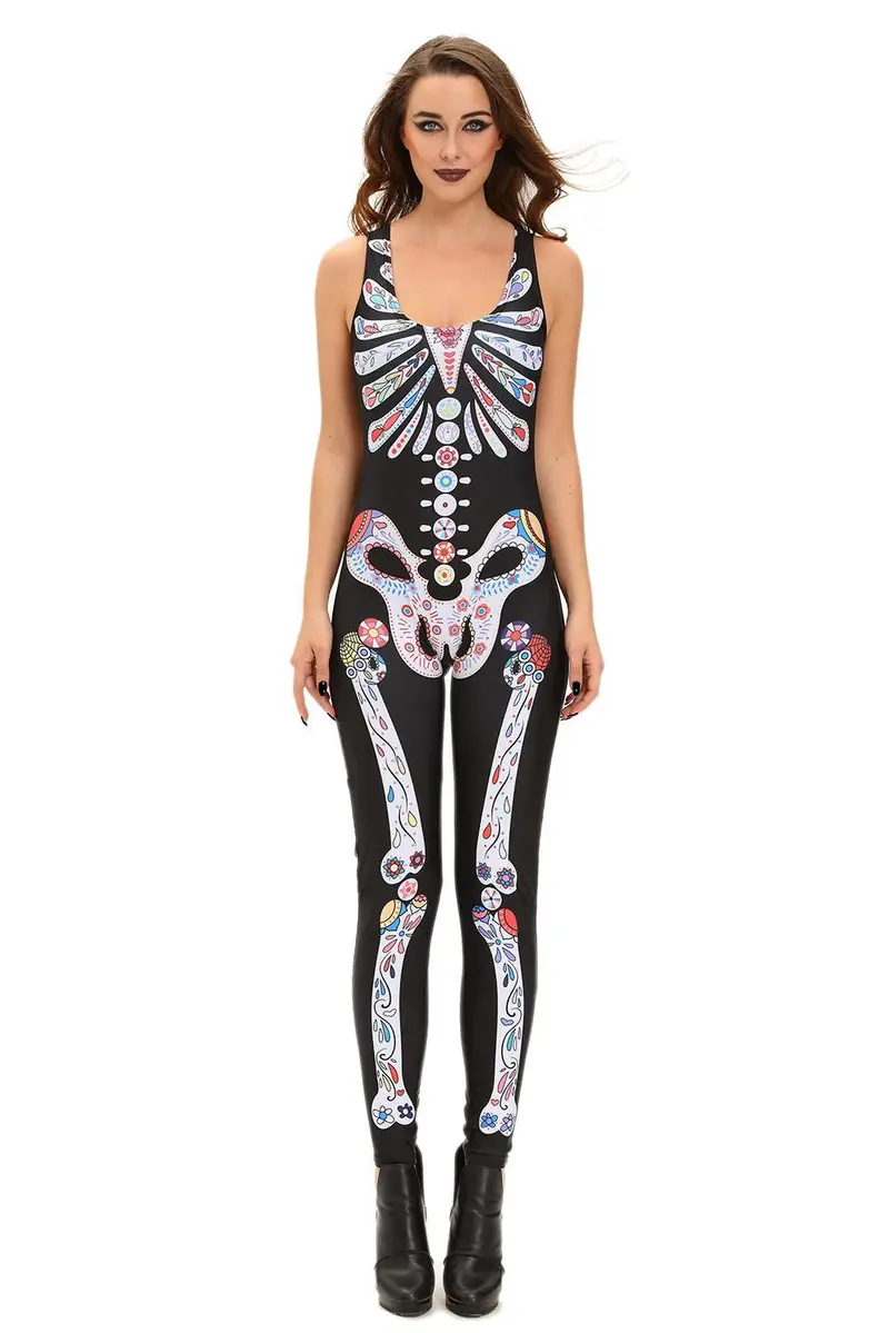 Colourful Hu Skeleton Skull Print Halloween Costumes For Sexy Jumpsuit Bodycon Sleeveless Costume Halloween Wo 1