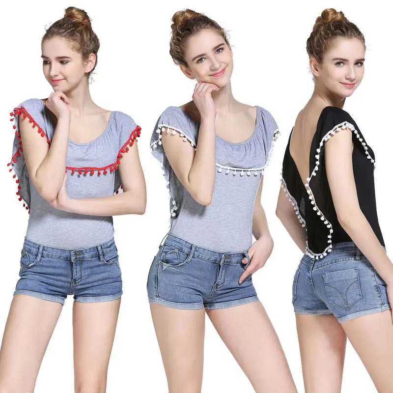 Combishort Women Ruffles Collar Tassel Ball Backless Jumpsuit Romper Clothes Bodysuit Feida 5