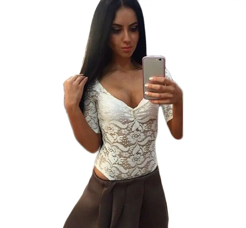 Combishort Women Translucent Sexy Short Sleeve Lace Jumpsuit Rompers Playsuit Bodysuit Tops Feida 1