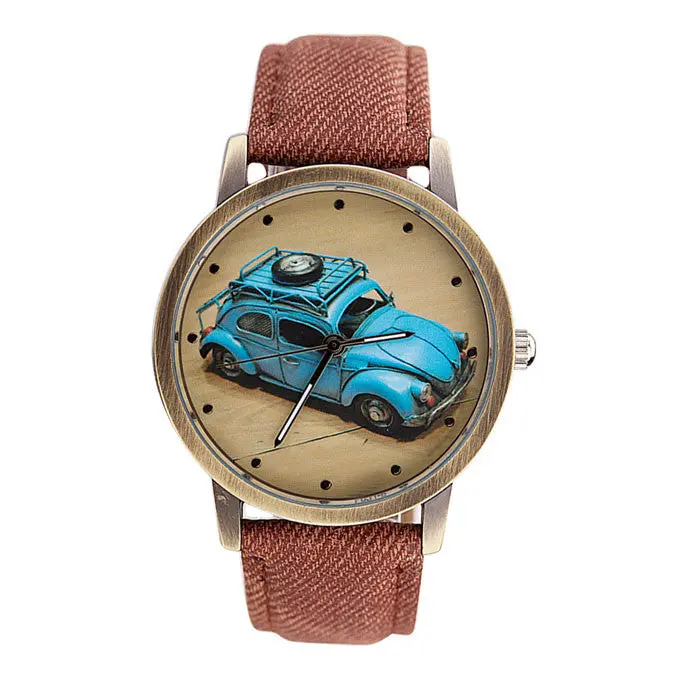 Concise Casual Watch Men And Women Retro Car Pattern Denim Twill Strap Watch Relogio Masculino Men's Quartz Watch 2