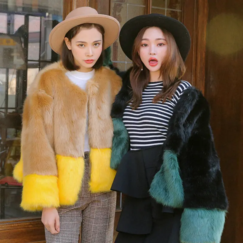 Contrast 2 Color Hairy Shaggy Long Faux Fur Coat Women O Neck Faux Fox Fur Short Coats Warm Outerwear 1