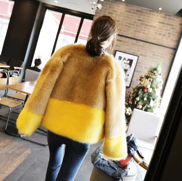 Contrast 2 Color Hairy Shaggy Long Faux Fur Coat Women O Neck Faux Fox Fur Short Coats Warm Outerwear 2
