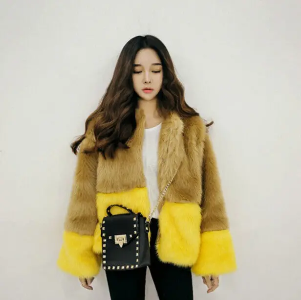 Contrast 2 Color Hairy Shaggy Long Faux Fur Coat Women O Neck Faux Fox Fur Short Coats Warm Outerwear 3