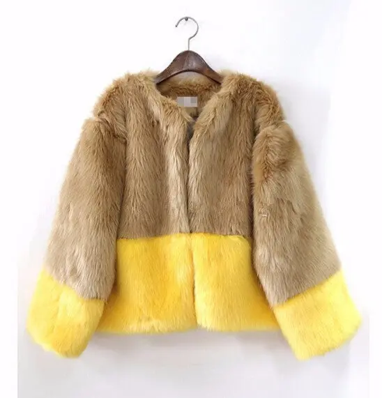 Contrast 2 Color Hairy Shaggy Long Faux Fur Coat Women O Neck Faux Fox Fur Short Coats Warm Outerwear 5