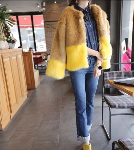 Contrast 2 Color Hairy Shaggy Long Faux Fur Coat Women O Neck Faux Fox Fur Short Coats Warm Outerwear 6