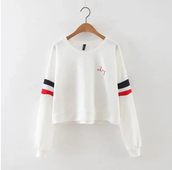 Contrast Color 2 Striped Print Long Sleeve Sweatshirt Women O Neck Short Pullover Hoodies Casual Jumper Sweats Tops White 1