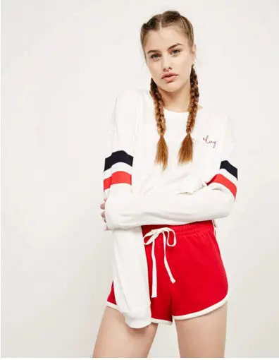 Contrast Color 2 Striped Print Long Sleeve Sweatshirt Women O Neck Short Pullover Hoodies Casual Jumper Sweats Tops White 3