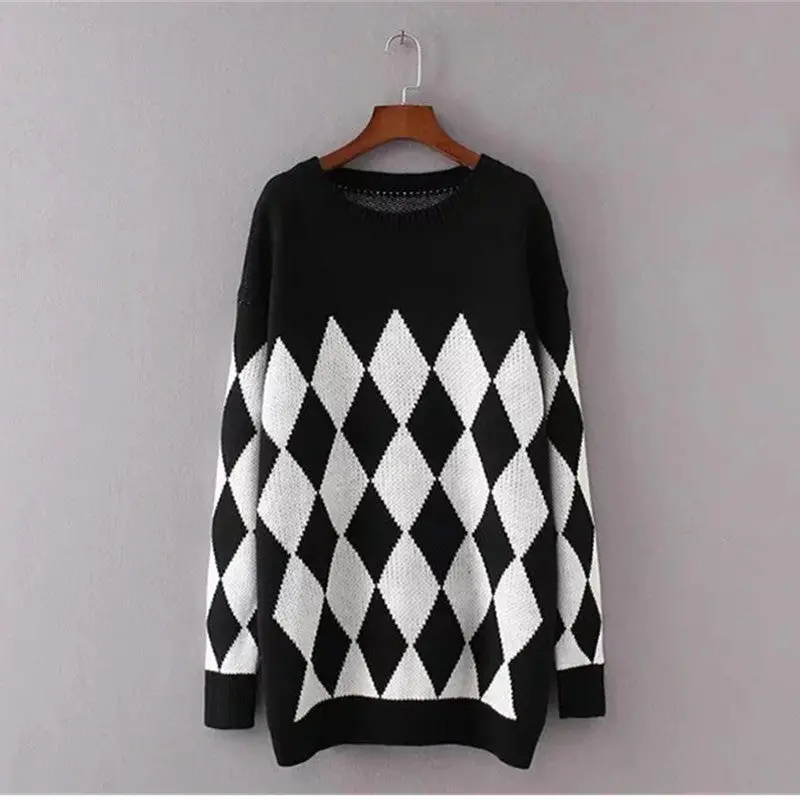 Contrast Color Argyle Plaid Sweater Women O Neck Long Sleeve Knitwear Jumper Pullover Kleding Jerseis Mujer Femme 1