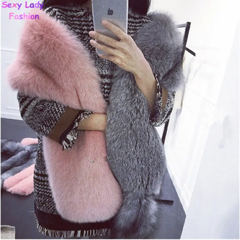 Contrast Color Faux Fox Fur Long Scarf Gray & Pink Patchwork Hairy Shaggy Scarves Long Tail Shawl Big Faux Fur Collar 2