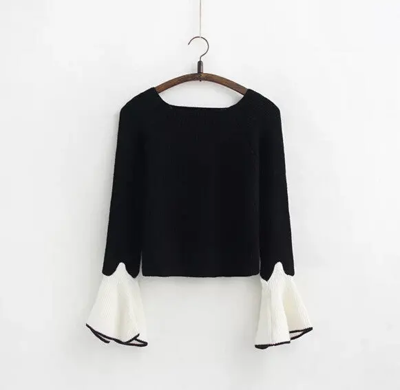 Contrast Color Flare Sleeve Sweater Women O Neck Contrast Color Knitwear Jumper Pullovers Kleding Jerseis Femme 3 Color 1