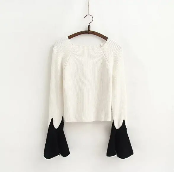 Contrast Color Flare Sleeve Sweater Women O Neck Contrast Color Knitwear Jumper Pullovers Kleding Jerseis Femme 3 Color 2