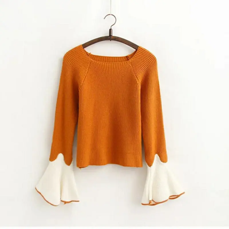 Contrast Color Flare Sleeve Sweater Women O Neck Contrast Color Knitwear Jumper Pullovers Kleding Jerseis Femme 3 Color 3