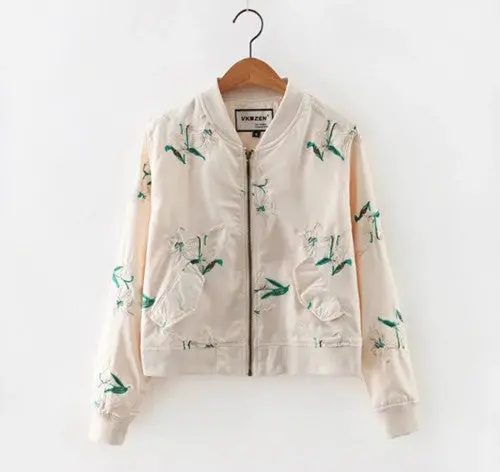 Contrast Color Flower Embroidery Jacket Women V Neck Pockets Short Bomber Jacket Coat Pilots Outerwear Tops 1