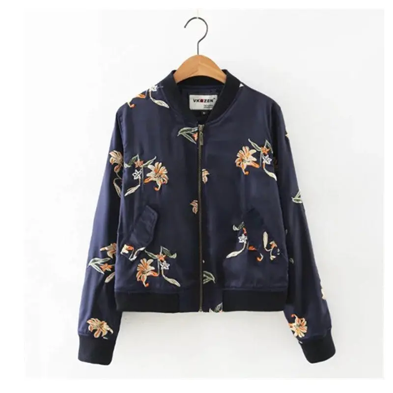 Contrast Color Flower Embroidery Jacket Women V Neck Pockets Short Bomber Jacket Coat Pilots Outerwear Tops 3