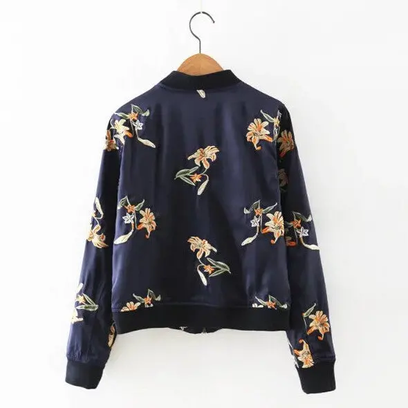 Contrast Color Flower Embroidery Jacket Women V Neck Pockets Short Bomber Jacket Coat Pilots Outerwear Tops 4