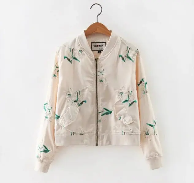 Contrast Color Flower Embroidery Jacket Women V Neck Pockets Short Bomber Jacket Coat Pilots Outerwear Tops 5