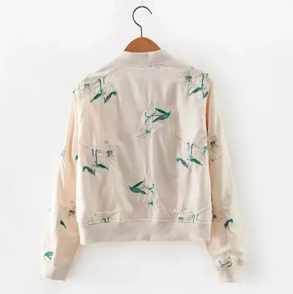 Contrast Color Flower Embroidery Jacket Women V Neck Pockets Short Bomber Jacket Coat Pilots Outerwear Tops 6