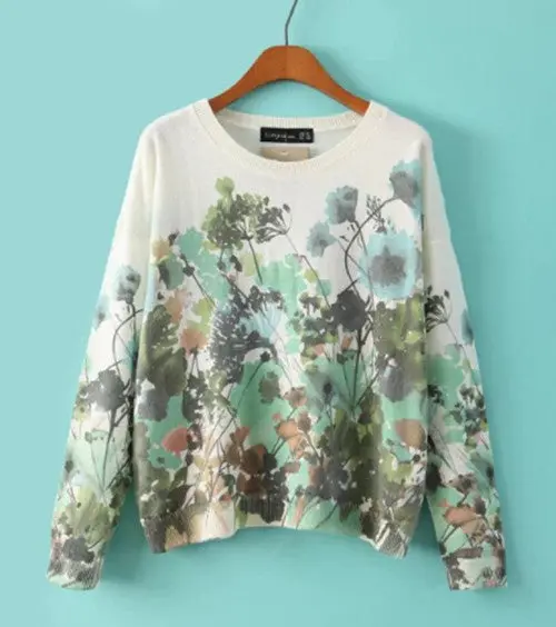 Contrast Color Gradient Floral Print Sweater Crew Neck Long Sleeve Knitted Pullover Sweater Knitwear Tops 1