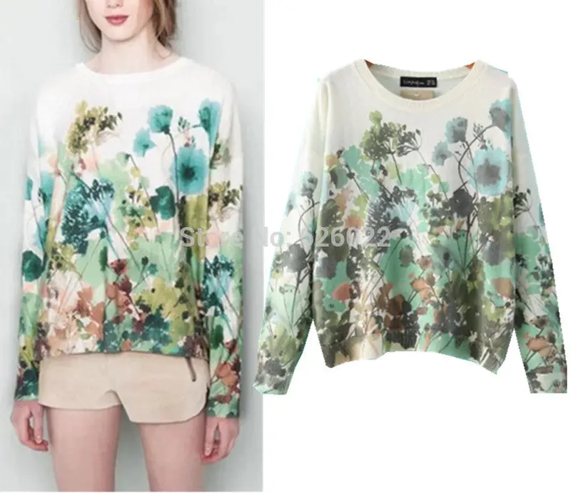 Contrast Color Gradient Floral Print Sweater Crew Neck Long Sleeve Knitted Pullover Sweater Knitwear Tops 2