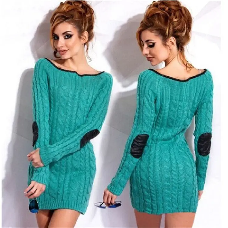 Contrast-Color Knit Sweater Dress – Plus Size Round-Neck Casual Dress