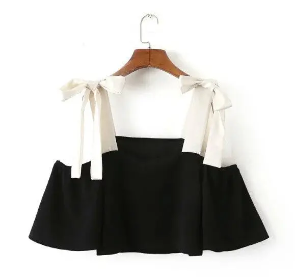 Contrast Color Lacing Up Off Shoulder Pullover Shirt Women Spliced Slash Collar Bow Blouse Tops Black 1