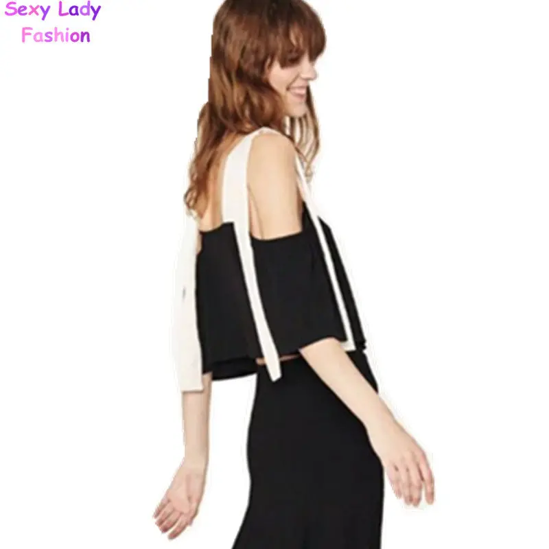 Contrast Color Lacing Up Off Shoulder Pullover Shirt Women Spliced Slash Collar Bow Blouse Tops Black 2