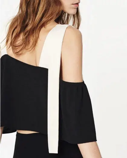 Contrast Color Lacing Up Off Shoulder Pullover Shirt Women Spliced Slash Collar Bow Blouse Tops Black 3