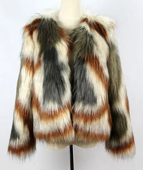 Contrast Color Long Hairy Shaggy Faux Fox Fur Coat Women's Color Contrast Faux Fur Jackets Short Coat Outerwear 1