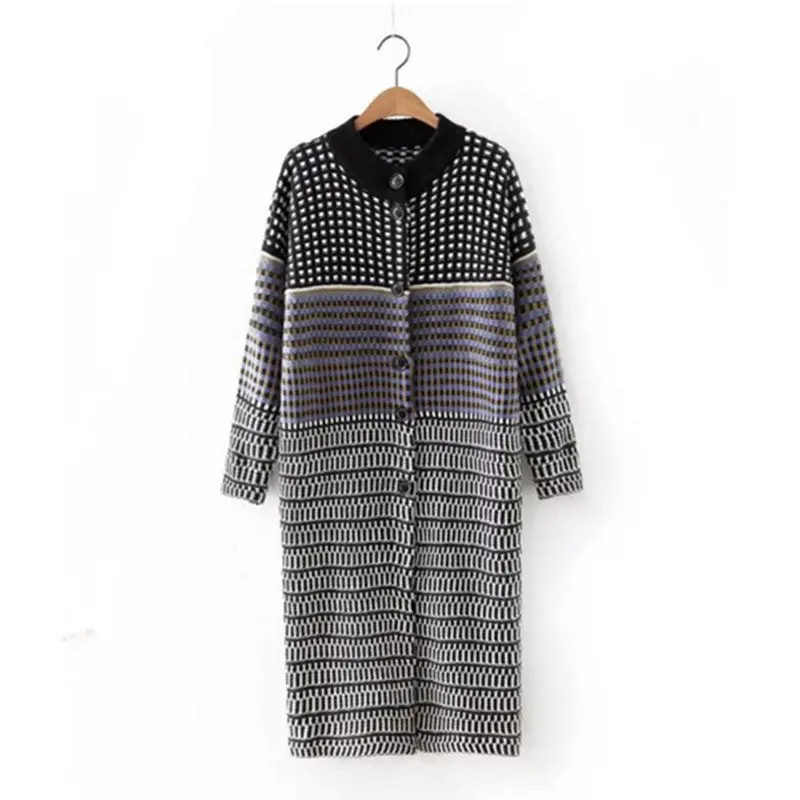 Contrast Color Plaid Cardigan Sweater Women O Neck Long Sleeve Buttons Knitwear Jumper Coat Kleding Jerseis Femme 1