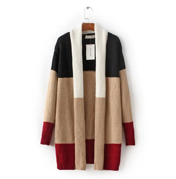 Contrast Color Striped Cardigan Sweater Women Lapel Collar Loose Long Sweater Coat Jumper Tops Femme Knitwear 1
