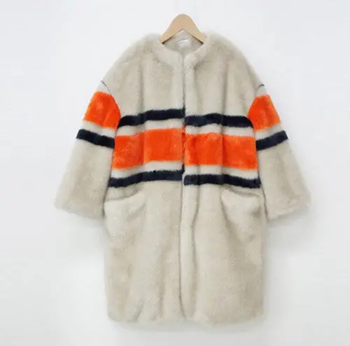 Contrast Color Striped Hairy Shaggy Long Faux Fur Coat Women O Neck Faux Mink Fur Long Coats Warm Outerwear 1