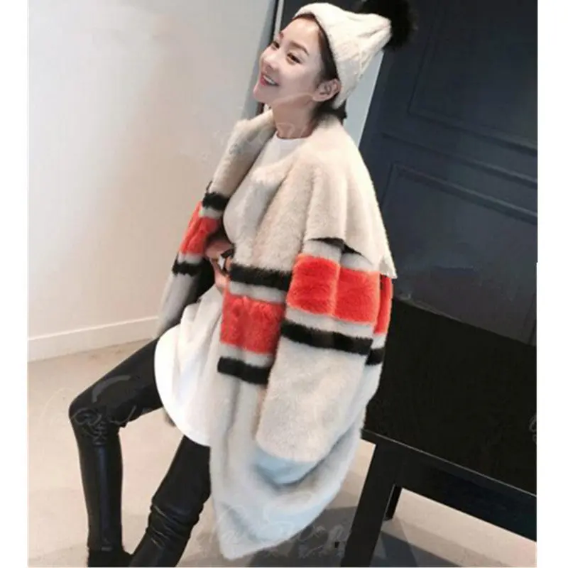 Contrast Color Striped Hairy Shaggy Long Faux Fur Coat Women O Neck Faux Mink Fur Long Coats Warm Outerwear 2