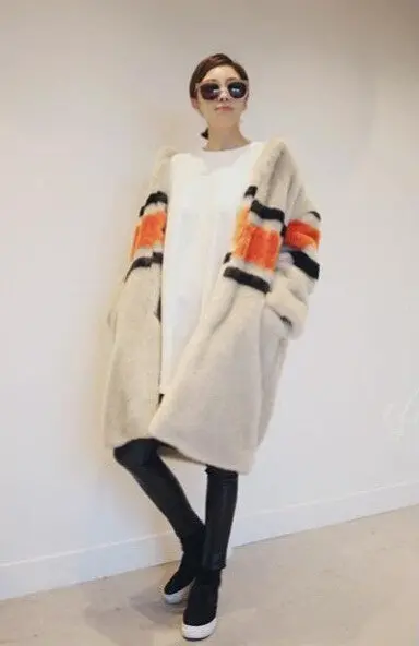 Contrast Color Striped Hairy Shaggy Long Faux Fur Coat Women O Neck Faux Mink Fur Long Coats Warm Outerwear 3