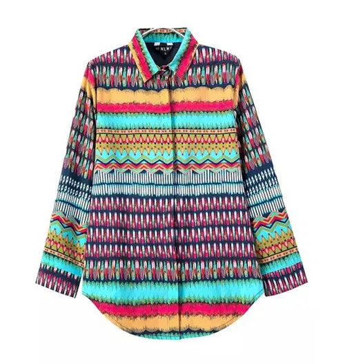 Contrast Colorful Wave Geometric Print Lapel Long Sleeve Shirt Retro Women's Print Casual Loose Shirt Blouse Tops 1