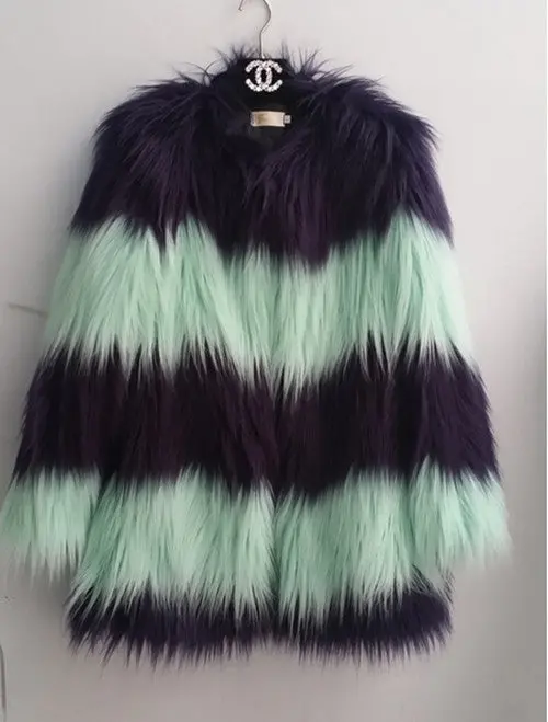 Contrast Red & Purple Color Striped Hairy Shaggy Faux Sheep Fur Long Jacket Women's Faux Fur Coat Outerwear 1