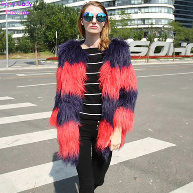 Contrast Red & Purple Color Striped Hairy Shaggy Faux Sheep Fur Long Jacket Women's Faux Fur Coat Outerwear 3