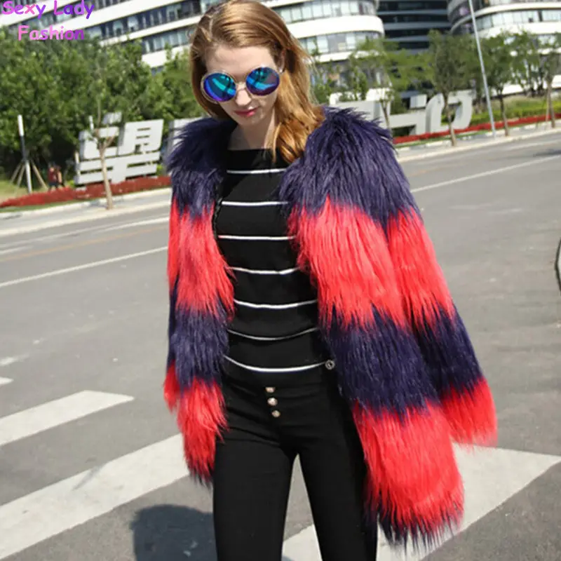 Contrast Red & Purple Color Striped Hairy Shaggy Faux Sheep Fur Long Jacket Women's Faux Fur Coat Outerwear 4