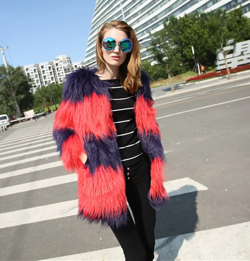 Contrast Red & Purple Color Striped Hairy Shaggy Faux Sheep Fur Long Jacket Women's Faux Fur Coat Outerwear 5
