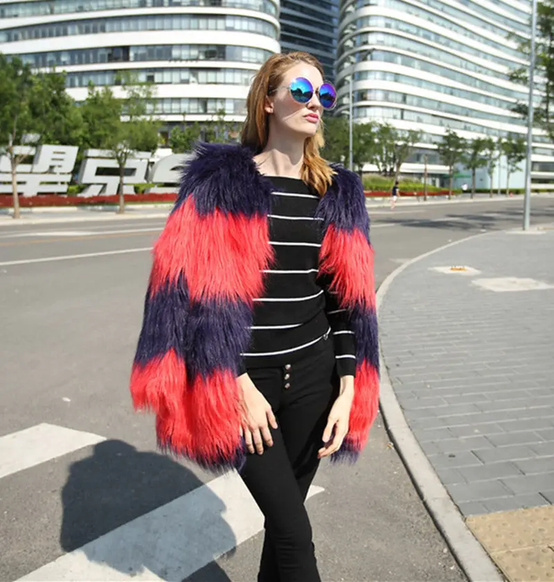 Contrast Red & Purple Color Striped Hairy Shaggy Faux Sheep Fur Long Jacket Women's Faux Fur Coat Outerwear 6
