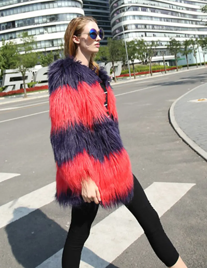 Contrast Red & Purple Color Striped Hairy Shaggy Faux Sheep Fur Long Jacket Women's Faux Fur Coat Outerwear 7
