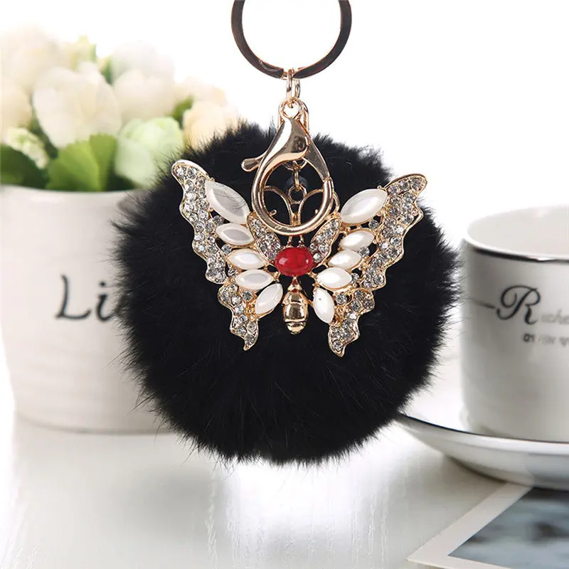 Cool Gifts Keyring Women Rabbit Fur Ball Rhinestone Butterfly Keychain Bag Plush Key Ring Car Key Pendant Feida 1