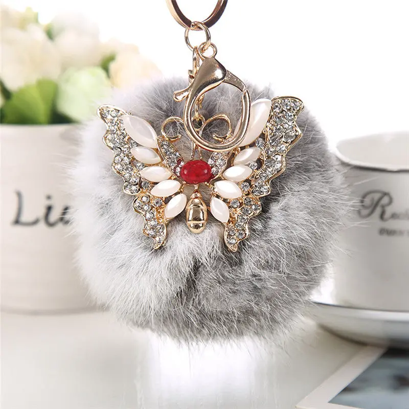 Cool Gifts Keyring Women Rabbit Fur Ball Rhinestone Butterfly Keychain Bag Plush Key Ring Car Key Pendant Feida 2