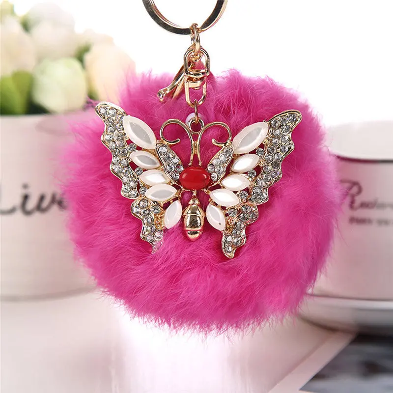 Cool Gifts Keyring Women Rabbit Fur Ball Rhinestone Butterfly Keychain Bag Plush Key Ring Car Key Pendant Feida 3