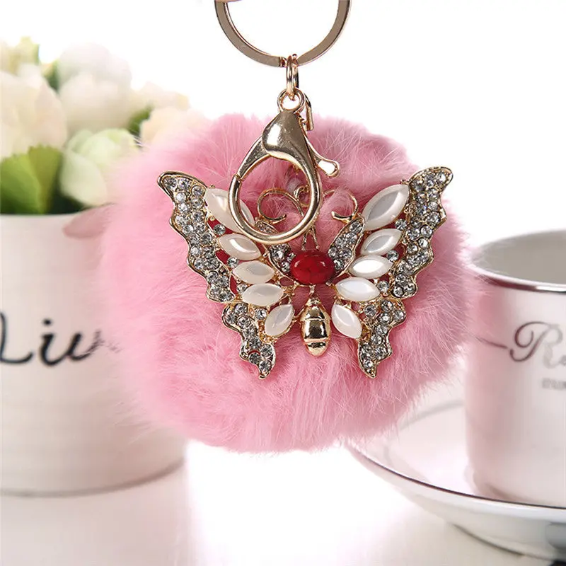 Cool Gifts Keyring Women Rabbit Fur Ball Rhinestone Butterfly Keychain Bag Plush Key Ring Car Key Pendant Feida 4