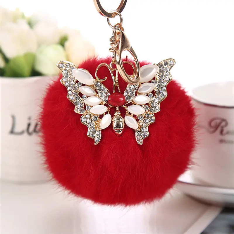 Cool Gifts Keyring Women Rabbit Fur Ball Rhinestone Butterfly Keychain Bag Plush Key Ring Car Key Pendant Feida 5