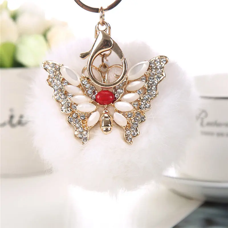 Cool Gifts Keyring Women Rabbit Fur Ball Rhinestone Butterfly Keychain Bag Plush Key Ring Car Key Pendant Feida 6