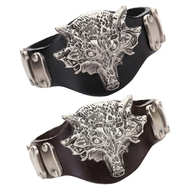 Cool Men Women Punk Leather Bracelet Vintage Wolf Totem Leather Wristband Fashion Multilayer Handmade Charm Bracelet 2