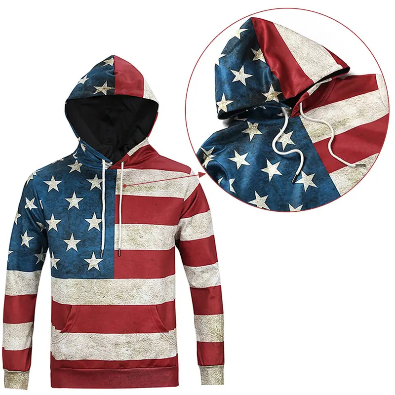 Cool Stylishlong Sleeve 3D Print American Flag Pattern Hoody Sweatershirts With Hat Pullover Sportwear L6012 5