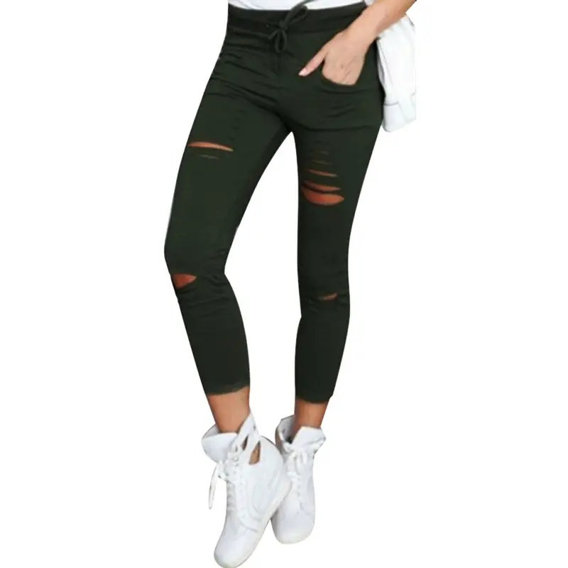 Cotton Ankle-Length Pants Women Skinny Hole Ripped Pants High Waist Stretch Slim Pencil Trousers Plus Size S-Xxl 1